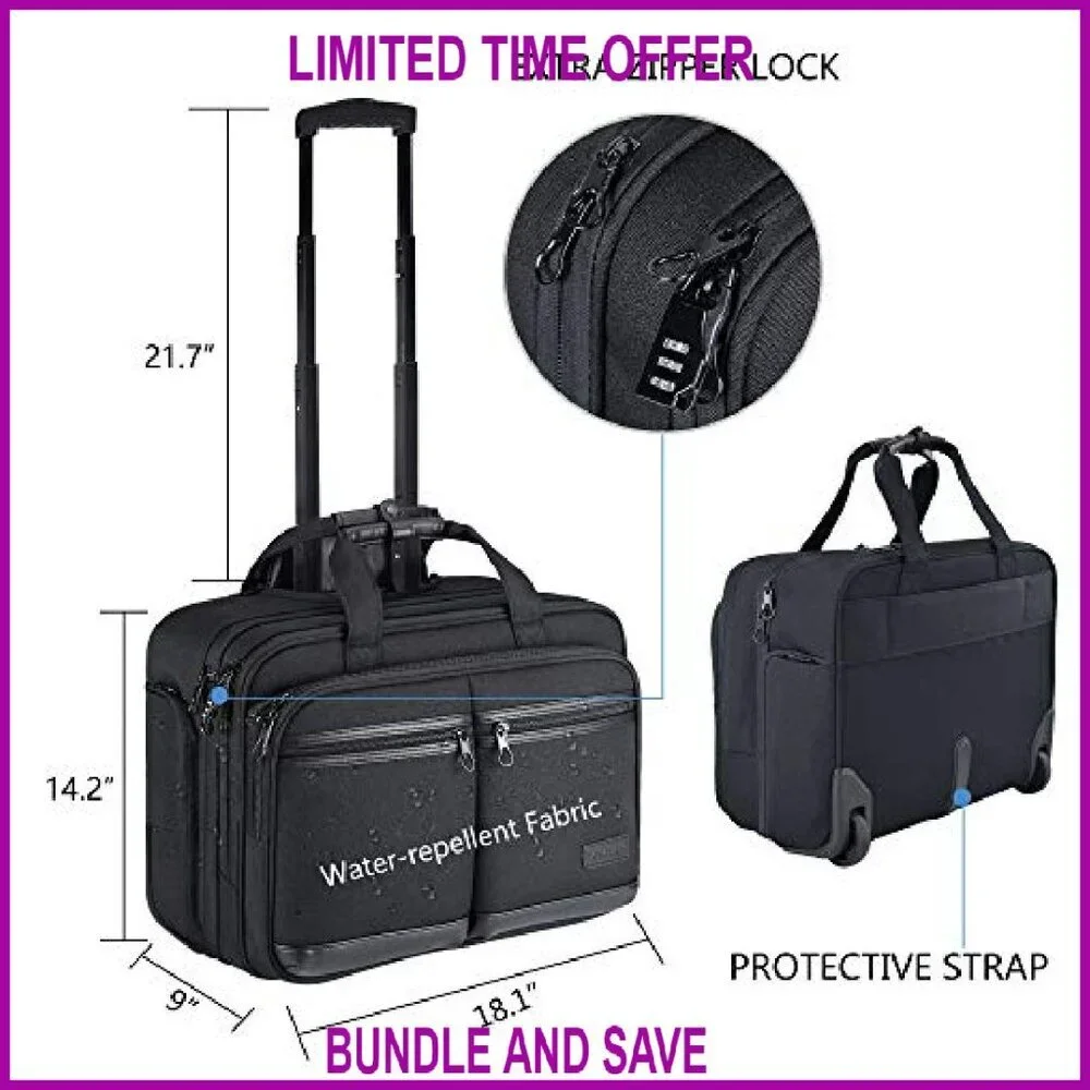 Rolling Laptop Briefcase Fits 17.3 Inch Computer Travel Business Carry On